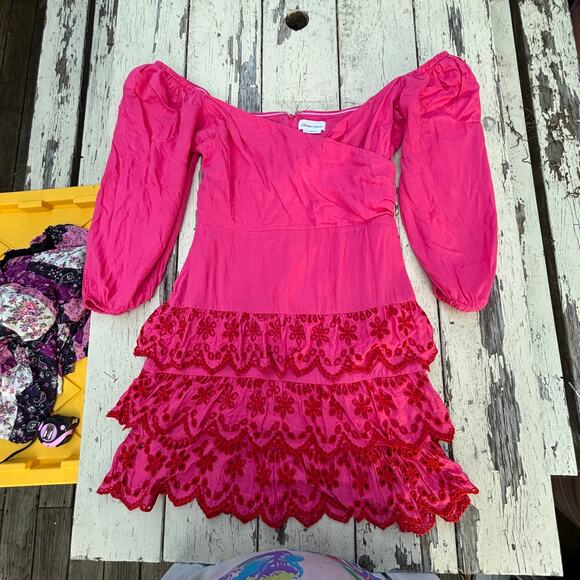 Lovers + Friends Pink Eyelet Ruffle Mini Dress‎ Medium Y2K Coquette Medium - Picture 2 of 9